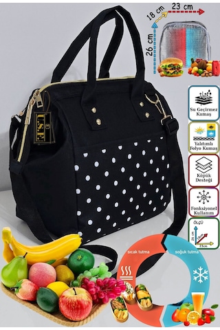 Sıcak, Soğuk Isı Yalıtımlı Termal Termoslu Yemek, Mama, Beslenme, Gıda İçin Askılı Taşıma Çantası Siyah Puantiye Siyah