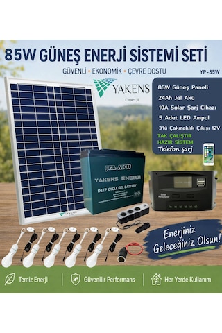 85w Hazır Solar Paketi Güneş Paneli Enerji Sistem 24ah Jel Akü + 10a Şarj Kontrol Cihazı + 5 Led Ampul + 3'lü Çakmaklık