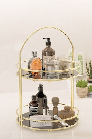 Banyo Düzenleyici 2 Katlı 40 Cm Gold Lüks Düzenleyici Organizer Banyo Rafı Şampuanlık Dekoratif Gold