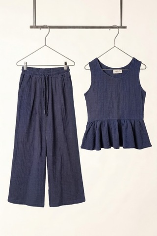 Angel&co. Girls Clothing Kız Çocuk Müslin Bluz Pantolon 2'li Takım Lacivert Lacivert