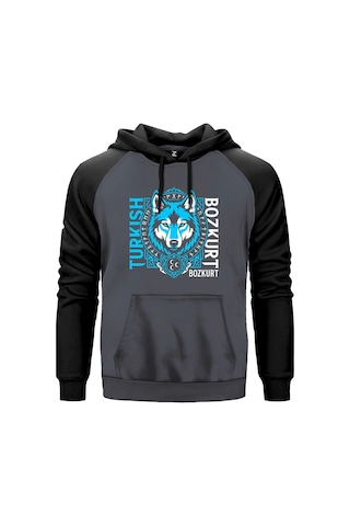Dikey Turkish Bozkurt Tipografili Mavi Baskılı Kırmızı Renk Reglan Kol Sweatshirt Kapşonlu