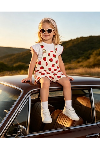 Baby Lory Kids Store Çilekli Kız Çocuk Salopet Kırmızı - Beyaz