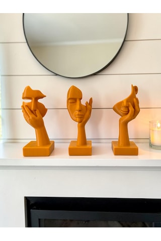 Modern Yüz Figürlü 3 Lü Dekoratif Heykel Seti-ev Ve Ofis Dekorasyonu Biblo 15 Cm Mat Gold