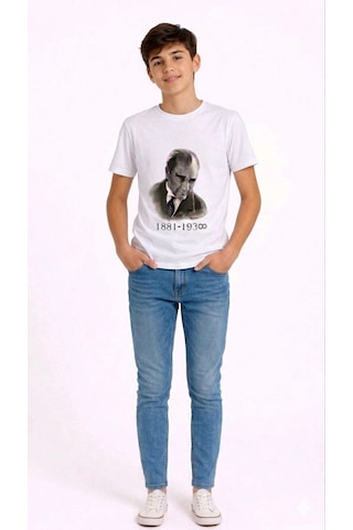 Wear Vexel Erkek Çocuk Atatürk Baskılı Tişört Kısa Kollu Bisiklet Yaka T-shirt - Beyaz Çok Renkli