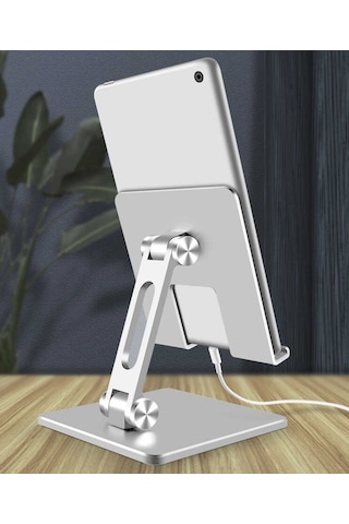 Masaüstü Telefon Tablet Standı Ağır Metal Taban, Katlanabilir, 180 Dönen Çift Dirsekli Tutucu Gri