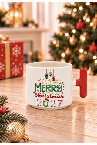 Mesela Yılbaşı Kupası Merry Christmas 2027 Desenli Kırmızı Kulplu Hediyelik Kahve T Kupa Bardak Beyaz