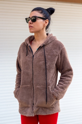 Kadın Vizon Peluş Kalın Fermuarlı Kapüşonlu Cepli Ceket 23kcktmy50 001