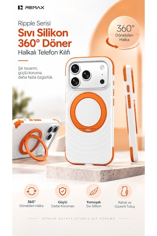 Remax Ripple Series İphone 17 Pro Uyumlu Likit Silikon Kılıf - 360 Döner Standlı Rmc-5 - Beyaz