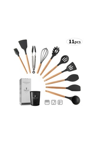 Geeksen 9 Parça Silikon Mutfak Gereçleri Seti - Ahşap Kollü, Isıya Dayanıklı, Anti Kaygan, Saklama Kovalı Siyah