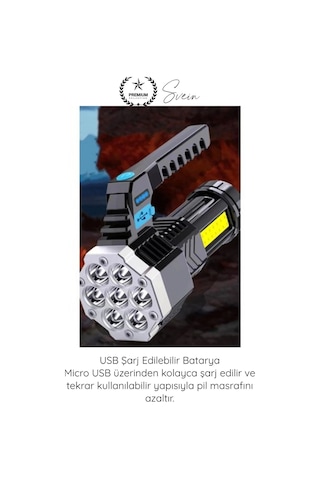 Fener Usb Şarjlı El Feneri 7 Xpe Cob Led 5 Modlu Şarj Göstergeli Güçlü Işıldak Abs Gövdeli Taşınabi Çok Renkli