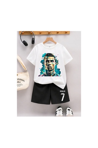 Stil-x Ronaldo Baskılı Erkek Çocuk Şort Takım Beyaz-siyah1