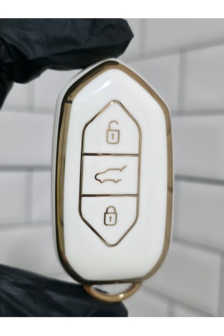 Togg T10x Uyumlu 3 Butonlu Anahtar Koruma Kılıfı Beyaz Gold