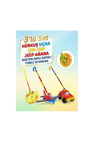 Alpmodel Hürkuş Uçak Jeep Araba Tekerlekli Çın Çın Sürmeli Baston Saplı Sopalı Itmeli Oyuncak 3 Lü Set Alpmodel Hürkuş Uçak Jeep Araba Tekerlekli Çın Çın Sürmeli Baston Saplı Sopalı Itmeli Oyuncak 3 Lü Set