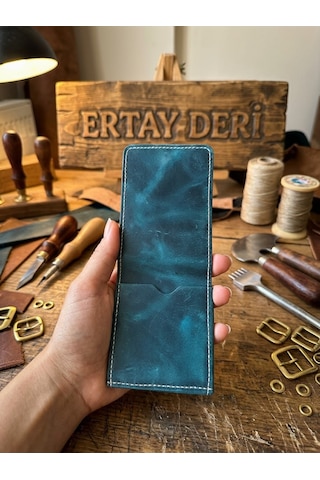 Ertay Deri % 100 Hakiki Deri El Yapımı Mavi Viral Model Çok Bölmeli Cüzdan & Kartlık Açık Mavi