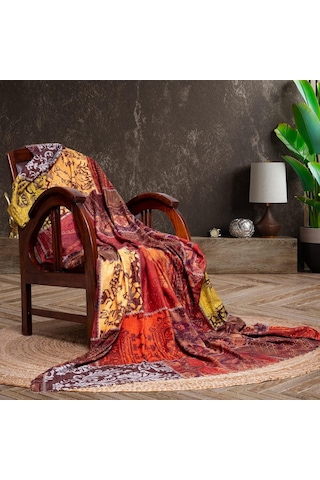 Softmicro Koltuk Örtüsü Çekyat Örtüsü Koltuk Şalı Etnik Desenli Patchwork Kaymaz Kiremit 180x220 Cm Diğer