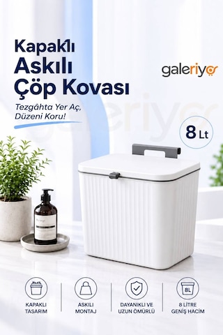 8 Litre Mutfak Tezgah Üstü Ve Dolap Askılı Çöp Kovası Kapaklı Pratik Atık Kovası Beyaz - Gri