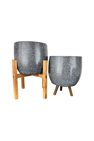 Bitki Tasarımı Ev Dekorasyon Aksesuar Gri Granit Toprak Saksı Saksılık Salon Çiçeklik İkili Set 3 Ayaklı- 4 Ayaklı- 19 CM