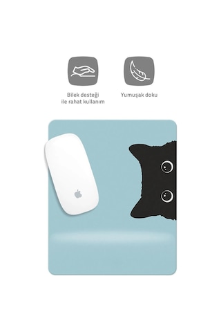 Jel Dolgulu Pvc Yüzey Mavi Kedi Çizimli Bilek Destekli Dikdörtgen Mouse Pad Mouse Altlığı. Mousepad