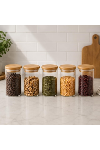 5'li 250 Ml Bambu Kapaklı Cam Kavanoz Seti, Silikon Contalı Şeffaf Baharatlık Ve Saklama Kabı, Çay Kahve Şeker Baharat Kuruyemiş Kavanozu Çok Renkli