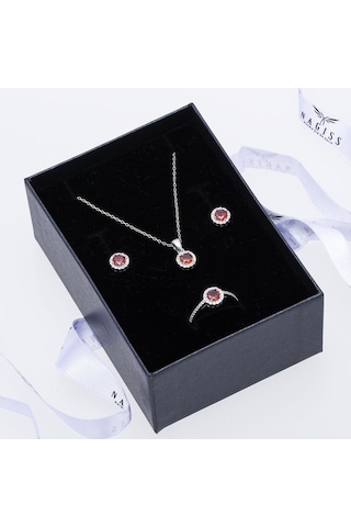 Kırmızı Zirkon Taşlı 925 Ayar Gümüş Kadın Üçlü Tektaş Set