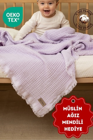 Zeypba Bebek & Çocuk İçin % 100 Pamuk 4 Katlı Müslin Örtü 110x110 CM Lila