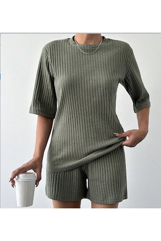 Ge Ticaret Kadın Kısa Kollu Bisiklet Yaka Kaşkorse Bluz Şort Ikili Takım Haki
