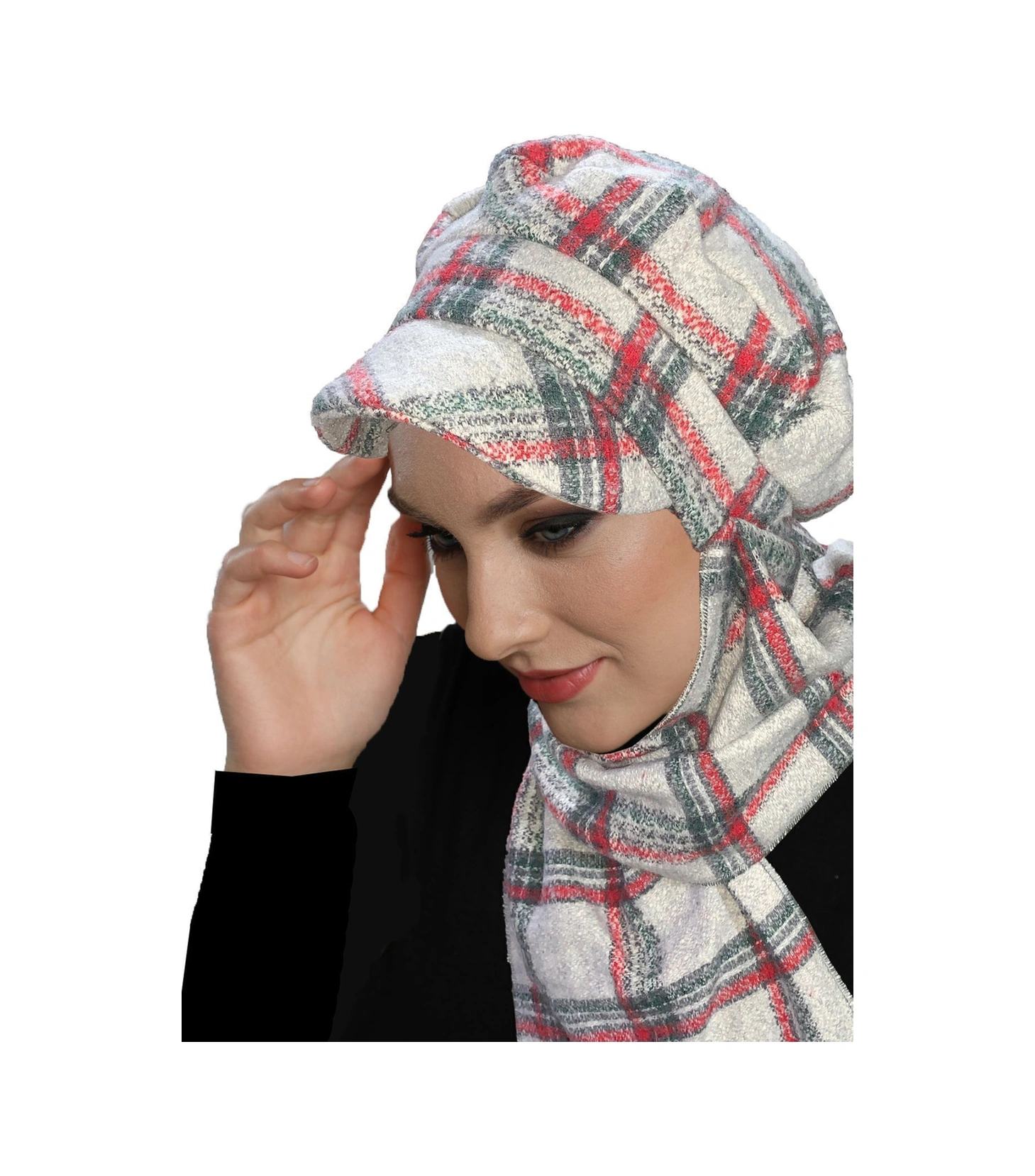 Yün Kasket Şapka Atkılı Ekose Desenli Gri-bordo-füme Hazır Türban Tesettür Bone Bere Gri-bordo-füme