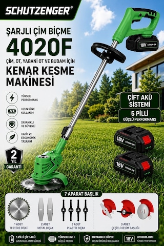 Schutzenger 4020F Şarjlı Ot Çim Biçme Kenar Kesme Makinesi 5 Pilli 2 Batarya 7 Başlıklı Şarjlı Tırpan Yeşil Schutzenger 4020F Şarjlı Ot Çim Biçme Kenar Kesme Makinesi 5 Pilli 2 Batarya 7 Başlıklı Şarjlı Tırpan Yeşil
