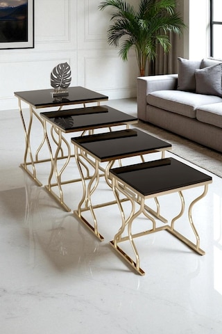 Limbo 4'lü Kare Zigon Sehpa Seti Gold Ayak, Krem Mdf Siyah-gold