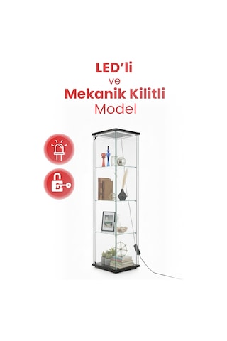 3 Raflı Ledli Kilitli Cam Vitrin Dolap Gümüşlük Koleksiyon Sergi Kitaplık Büfe Mutfak Raflı Detolf Siyah