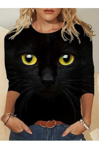Simala Kadın Uzun Kollu Bisiklet Yaka Kedi Desenli Süprem Bluz Siyah