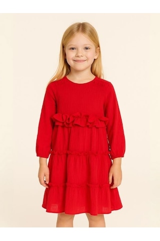 Kız Çocuk Pamuklu Mevsimlik Astarlı Fırfırlı Bol Elbise-14441 Kırmızı