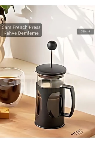 Cam French Press Kahve Demleme Paslanmaz İç Yapı Siyah 350 Ml Siyah