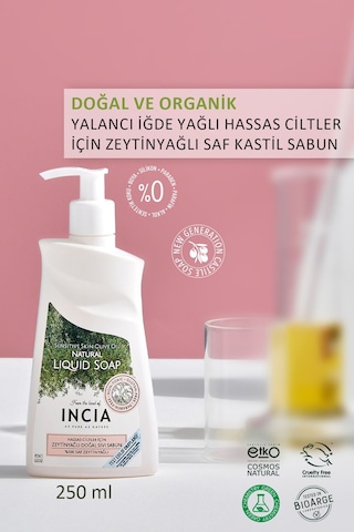 INCIA %100 Doğal Sıvı Kastil Sabunu Hassas Ciltler İçin Zeytinyağlı 10 Bitkisel Değerli Yağ Vegan 250 ML