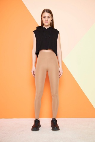Thıff Gymwear Camel Yüksek Bel Sıkılaştırıcı Toparlayıcı Dalgıç Kumaş Spor Günlük Tayt Kahverengi