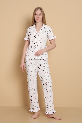 Wordex Mirano 3855 Desenli Bürümcük Gömlek Yaka Düğmeli Kısa Kollu Kadın Pijama Takımı Beyaz