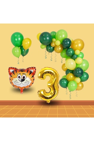 3 Yaş Safari Temalı Folyo Kaplan Yeşil Sarı Gold Balonlar Gold Rakam Doğum Günü Süsü Sarı - Yeşil