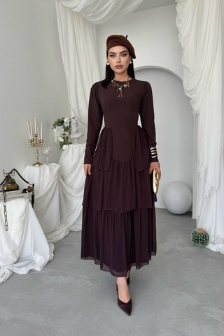 Nils Butik Korse Detaylı Midi Abiye Elbise Acı Kahverengi