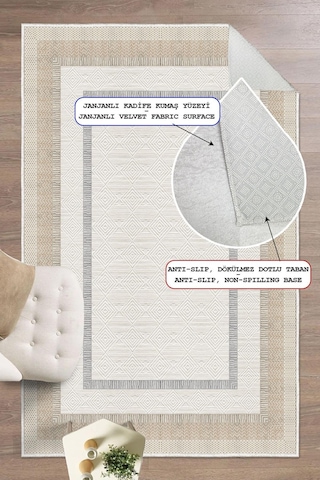 Çerçeve Desenli Dekoratif Kaymaz Taban Yıkanabilir Halı Salon Halısı Krem