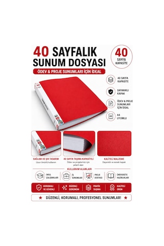 A4 Boy İçin Noki Sunum Dosyası 40 Sayfa Hazır Poşetli Dosya 1 Adet Kırmızı
