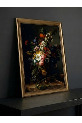 Gold Vintage Varaklı 60x80 Çerçeveli Tablo Klasik Dark Floral Sanat Eseri Hollanda Altın Çağı Çiçek Buketi Yağlı Boya Görünümlü 50x70cm Dokulu Baskı Dekoratif Lüks Salon Tablosu