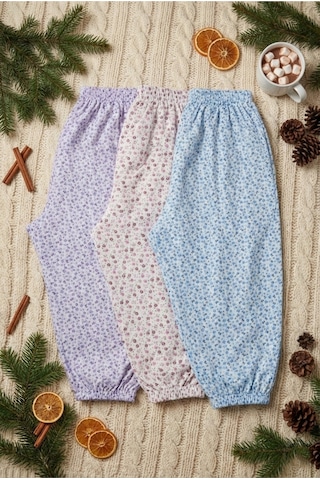 Sierna Kadın Çiçek Desenli Diz Altı Pijama 3'lü Pijama Altı Seti Beli Lastikli Çok Renkli