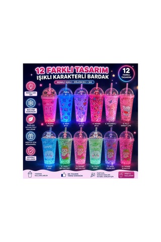 Led Işıklı,pipetli ,renkli Pullu Figürlü Çocuklara Sevimli İçeçek Bardağı Pembe Pembe