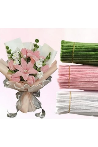 3'lü Set Pastel Pembe 50 , Beyaz 25 , Ordu Yeşili 25 Şönil , Çiçek Yapımına Uygun Tüylü Tel