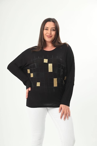 Kısmet Sepeti Kadın Gold Taşlı Yuvarlak Yaka Reglan Kol Siyah Bluz Siyah - Gold