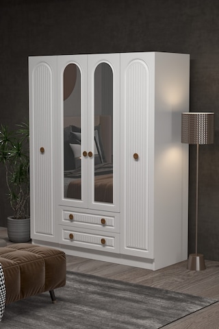 Bohem 4 Kapak 2 Çekmece Aynalı Gardırop Mdf Kapak Beyaz