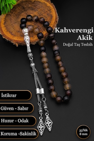 Erkek Doğal Taş Tesbih Kahverengi Akik Tesbih 8 Mm Bt053 Kahverengi - Beyaz
