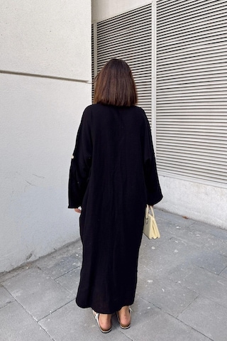 Kadın Siyah Muslin Kumaş, Yarasa Kol, Eteği Oval, Çift Cepli, Uzun Oversize Salaş Gömlek Elbise Siyah