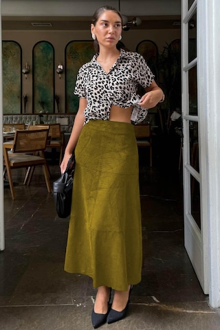 Yağ Yeşili Süet Uzun Etek Mg2549 Yağ Yeşili