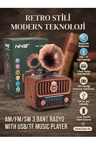 Gramafon Model Usb / Tf Kart / Aux Girişi - Bluetooth 1200mah Batarya Nostalji Görünümlü Radyo Bluetooth Hoparlör